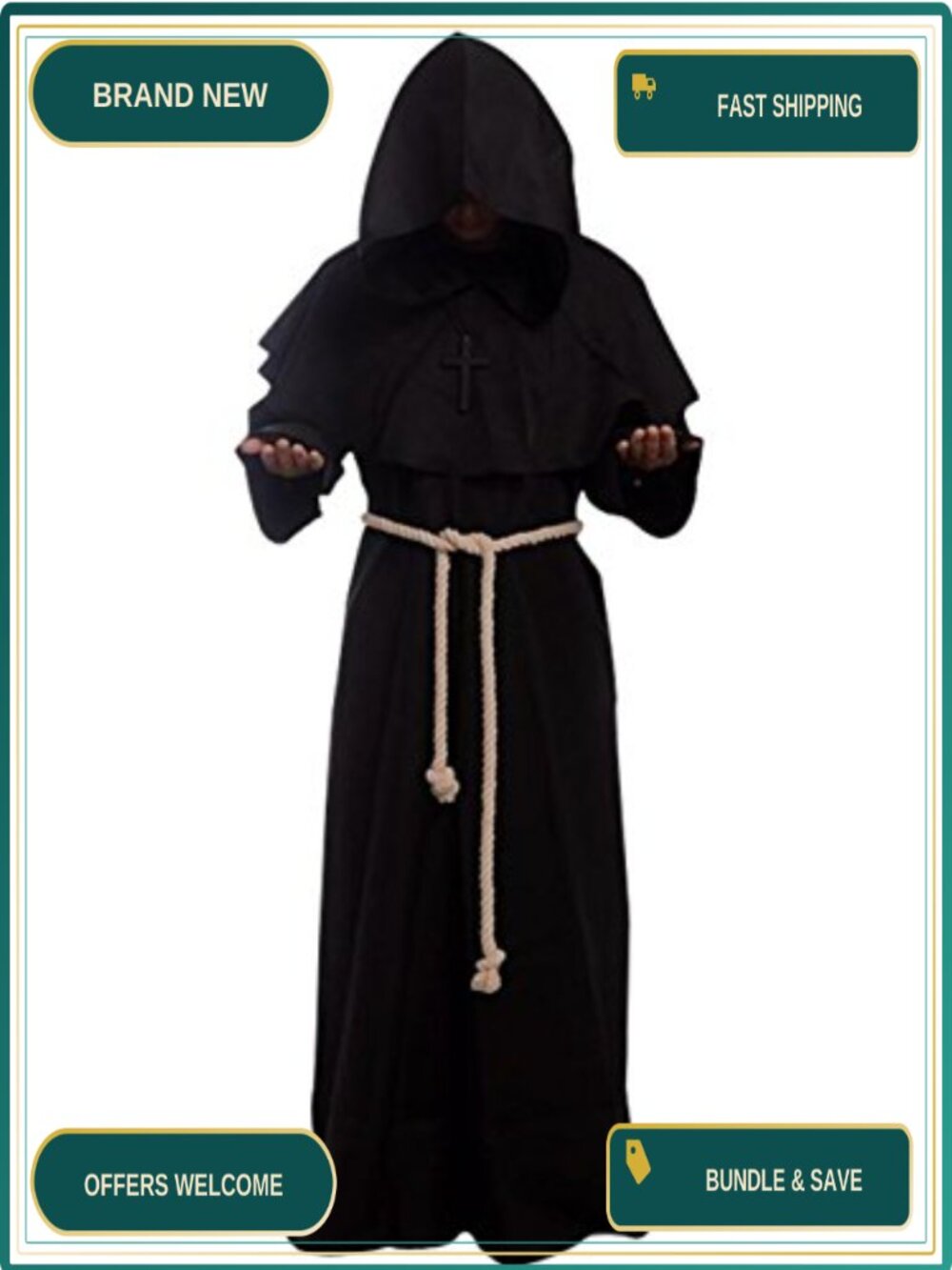 Medieval Friar Monk Hooded Robe Costume Cosplay Renaissance Priest